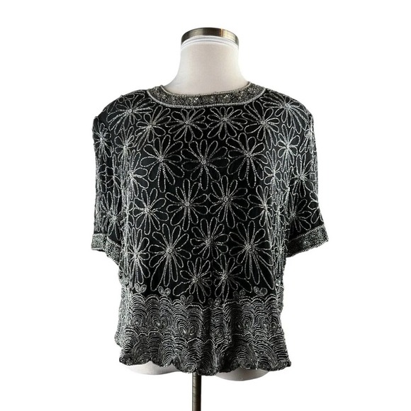 *Flawed* Vintage Laurence Kazar Silk Beaded Embellished Top Black Plus Size 3X - Picture 12 of 12